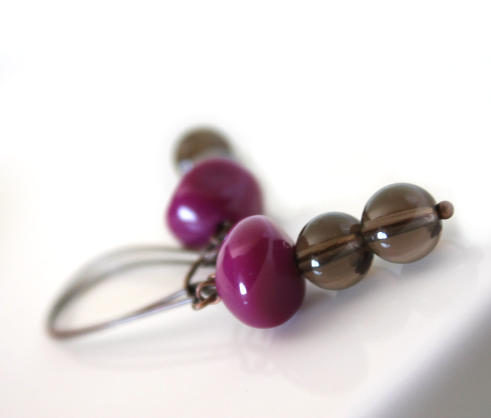 Smokey Quartz And Purple Lucite In Copper - Earrings - Lovely Casual Modern Geometrical