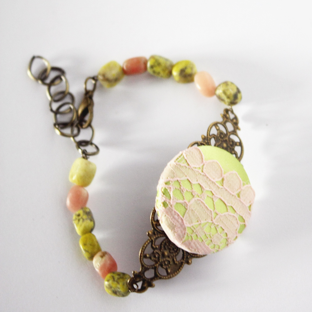 Acid Green And Pink Bracelet - Natural Stone Fabric Lace And Antique Bronze - Spring Lovely