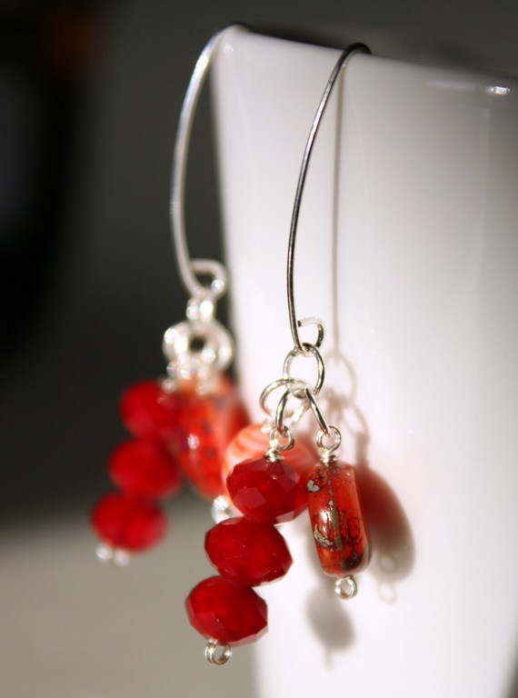 Tangerine Tango Earrings - Salad Fruit -orange Red Tone - Glass Vintage Beads - Cocktail Party