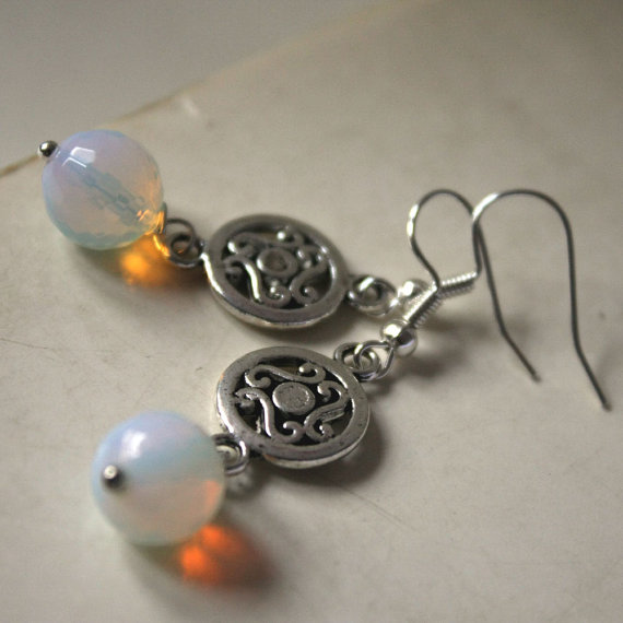 Witch Earrings - Celtic Silver Metal And Moonstone - White Opal - Pagan Spiral Triskel -