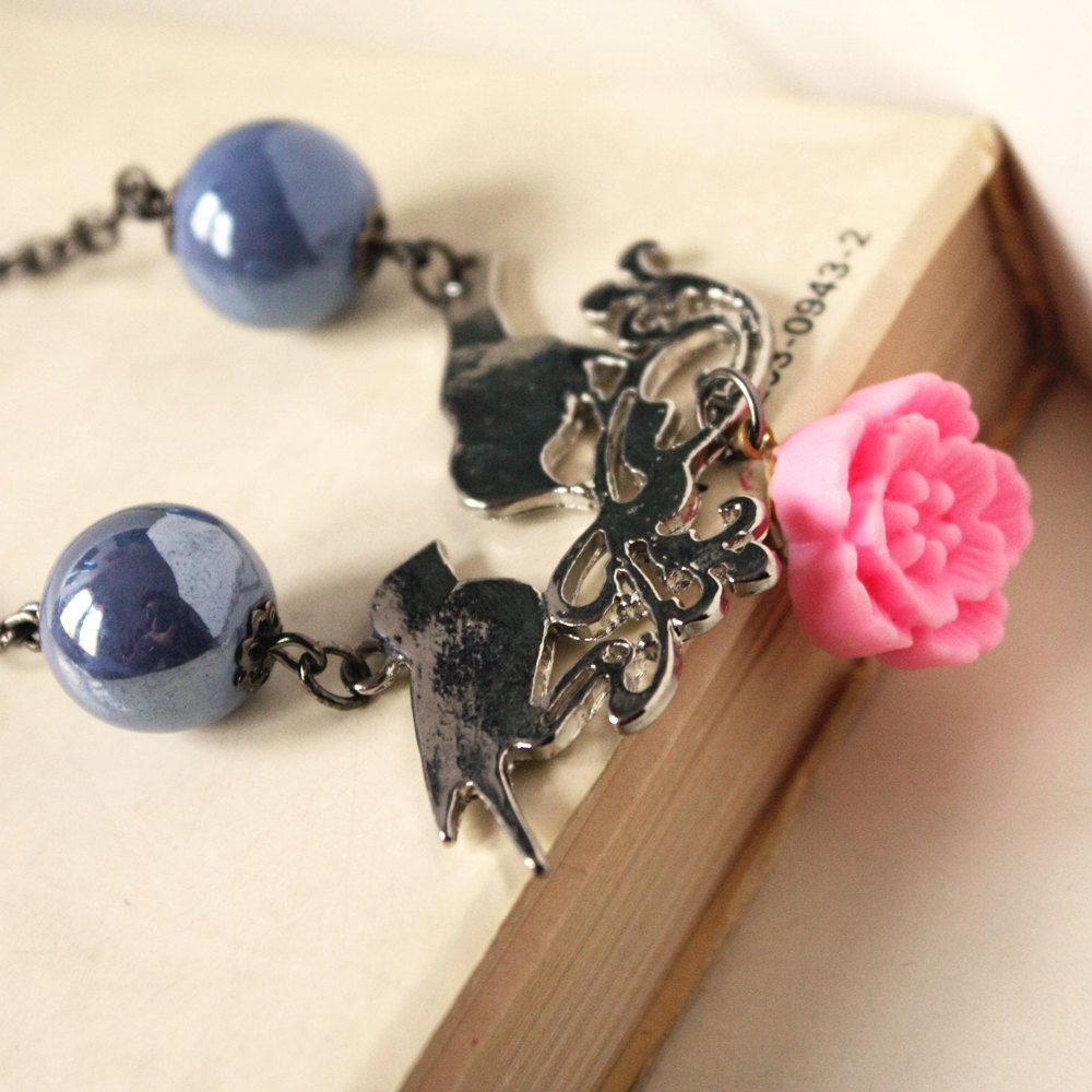 Spring Birds - Necklace - Pink Flower Sky Blue Ceramic Beads Silver Pendant Black Chain - Lovely Cute Girly