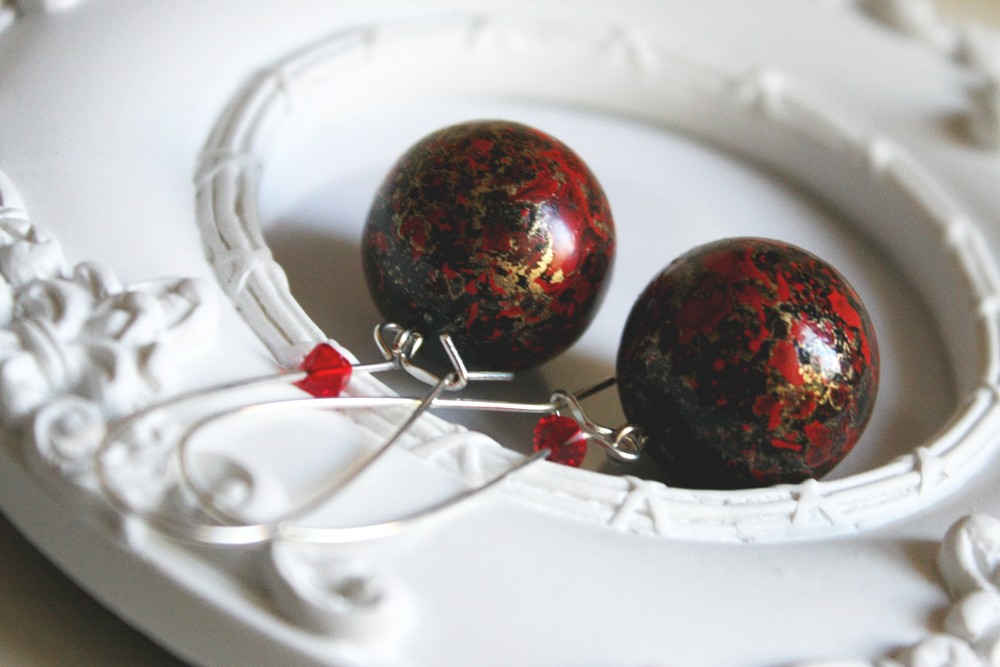 Black Red Gold Earrings Big Beads - Paint On Black