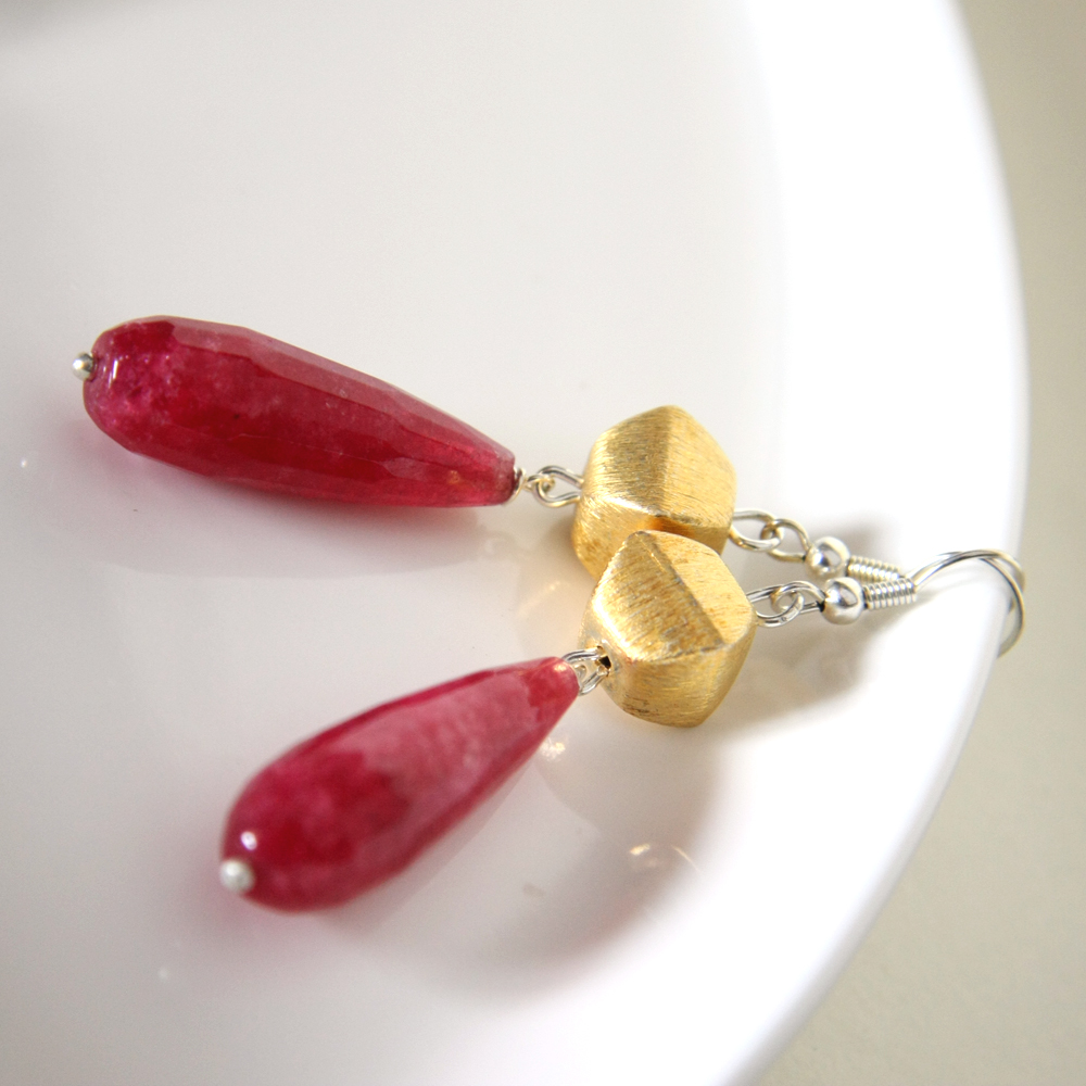 Pink And Gold Earrings - Neon Summer Trend - Gemstone Drops