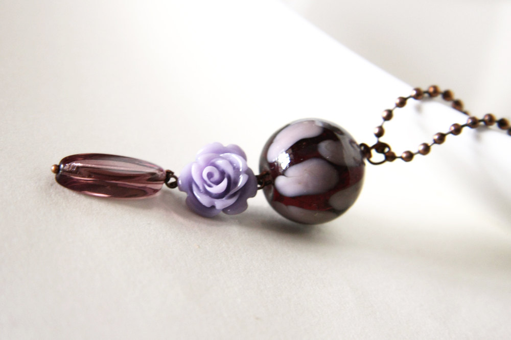 Lilac And Purple Pendant With Ball Chain Necklace - Flower Round Glass Beads Romantic