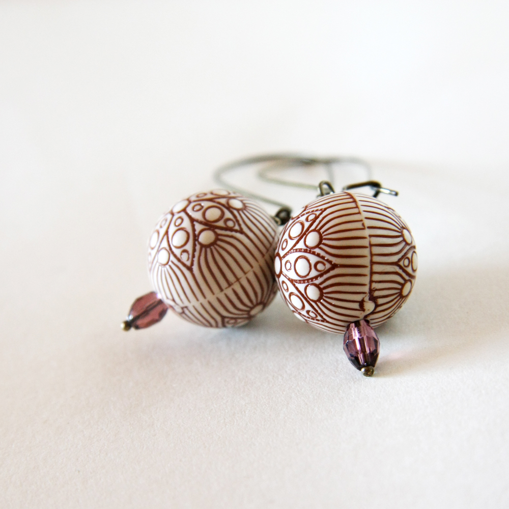 Brown Flowers Earrings - Wedding Bridesmaid - Cream Brown Purple Antique Bronze